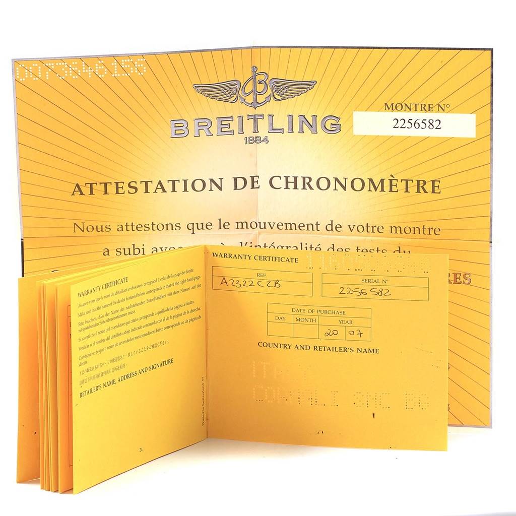 This image shows the warranty certificate and attestation documents for a Breitling Navitimer A23322 Men's Stainless Steel Black Dial A23322 Men's Stainless Steel Black Dial watch.