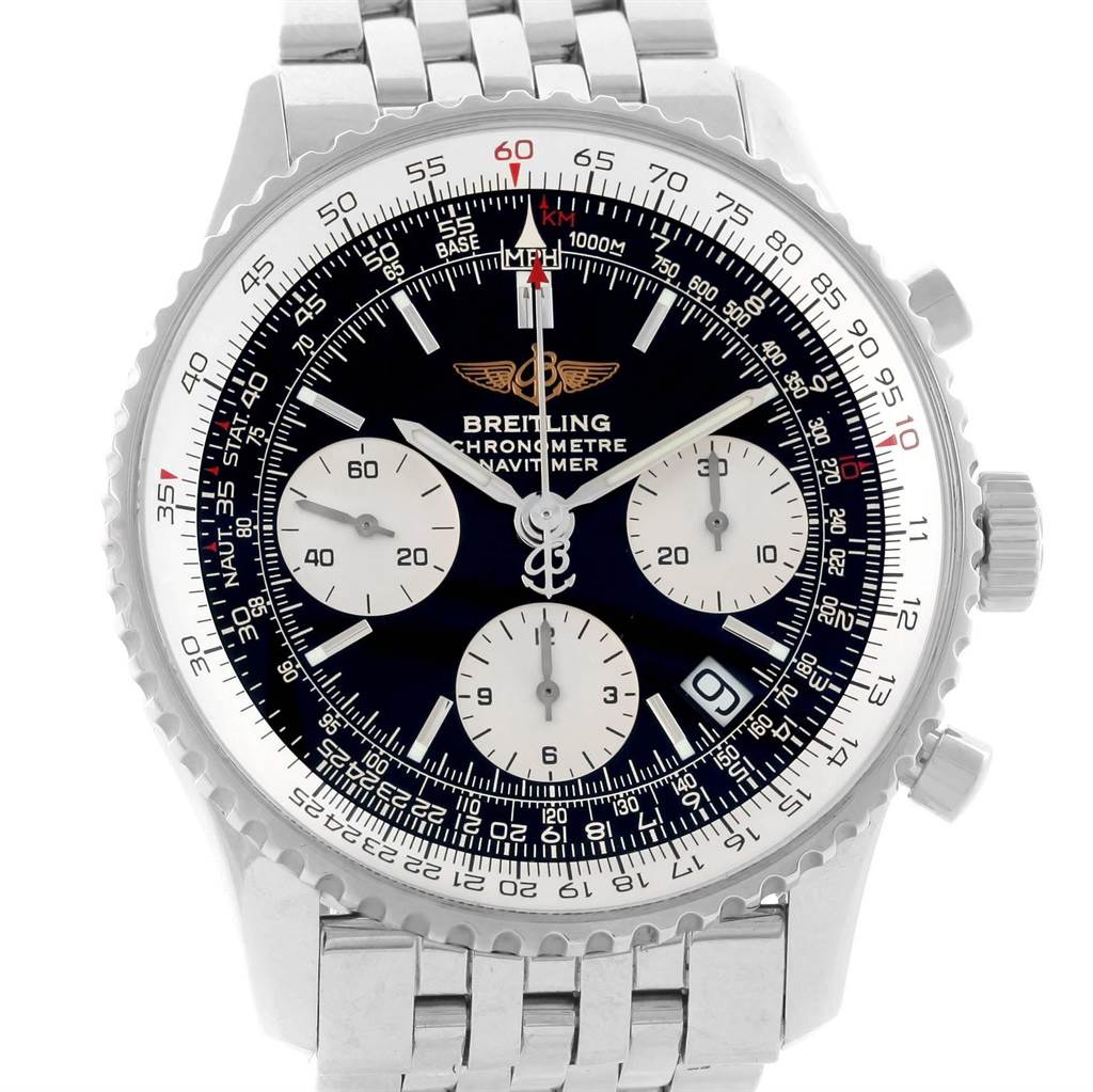 This image shows a front view of the Breitling Navitimer A23322 Men's Stainless Steel Black Dial A23322 Men's Stainless Steel Black Dial, highlighting the dial, bezel, and bracelet.