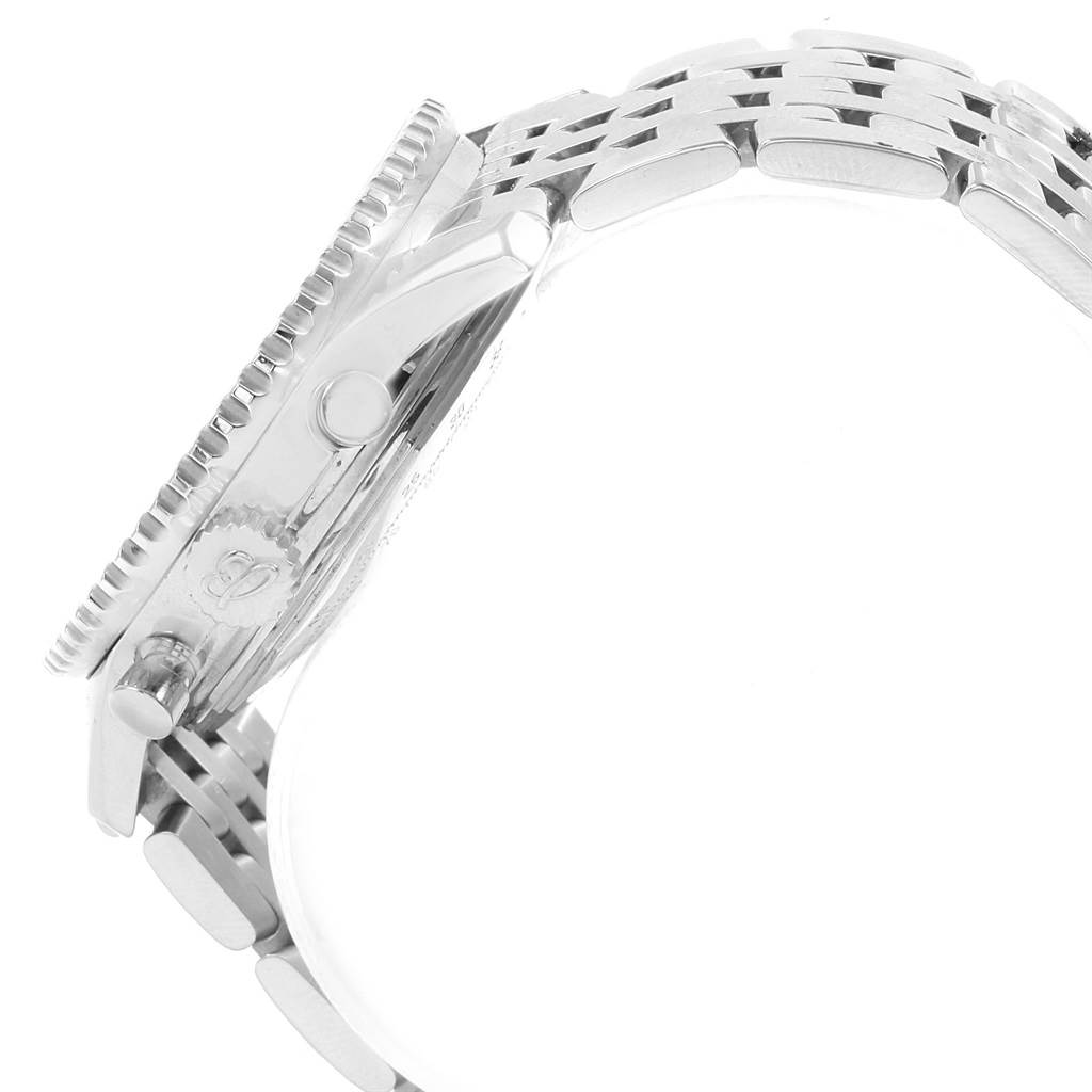 The image shows a side view of a Breitling Navitimer A23322 Men's Stainless Steel Black Dial A23322 Men's Stainless Steel Black Dial watch, focusing on the case, bezel, crown, and part of the bracelet.