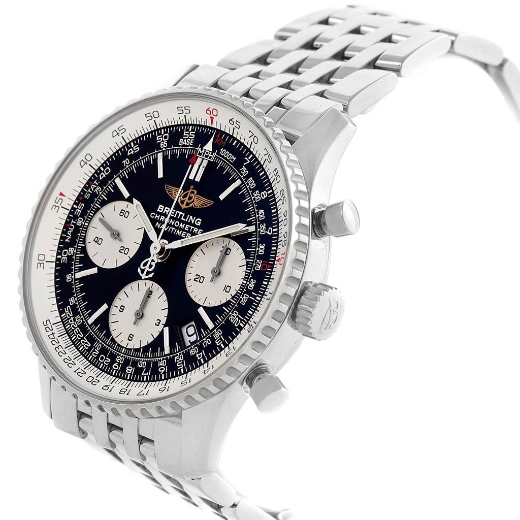 The Breitling Navitimer A23322 Men's Stainless Steel Black Dial A23322 Men's Stainless Steel Black Dial watch is shown at an angle revealing the face, bezel, crown, pushers, and part of the bracelet.