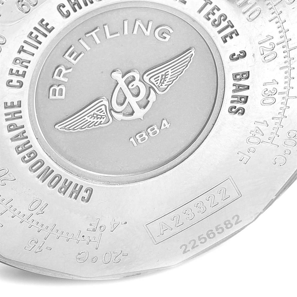 This image shows the engraved case back of a Breitling Navitimer A23322 Men's Stainless Steel Black Dial A23322 Men's Stainless Steel Black Dial watch at an angled close-up shot.