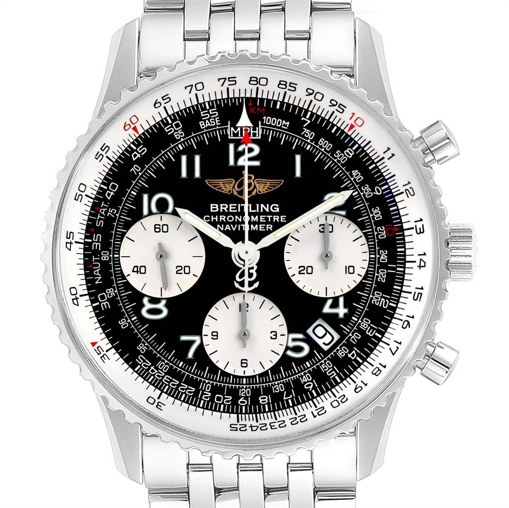 This image shows a top view of the Breitling Navitimer A23322 Men's Stainless Steel Black Dial A23322 Men's Stainless Steel Black Dial watch, highlighting its black dial, subdials, and stainless steel bracelet.