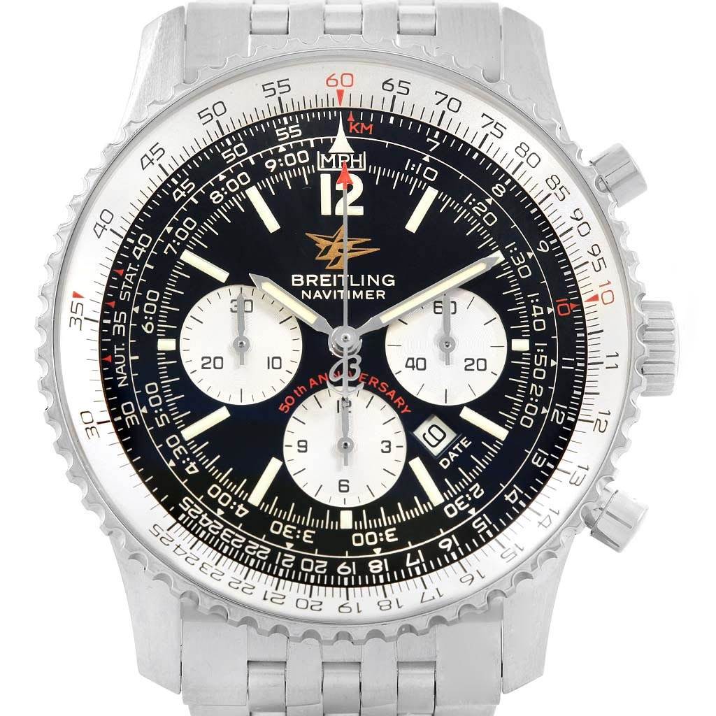 This image shows a Breitling Navitimer A41322 Men
s Stainless Steel Black Dial A41322 Men
s Stainless Steel Black Dial watch face at a straight-on angle, displaying the dial, bezel, subdials, and part of the bracelet.
