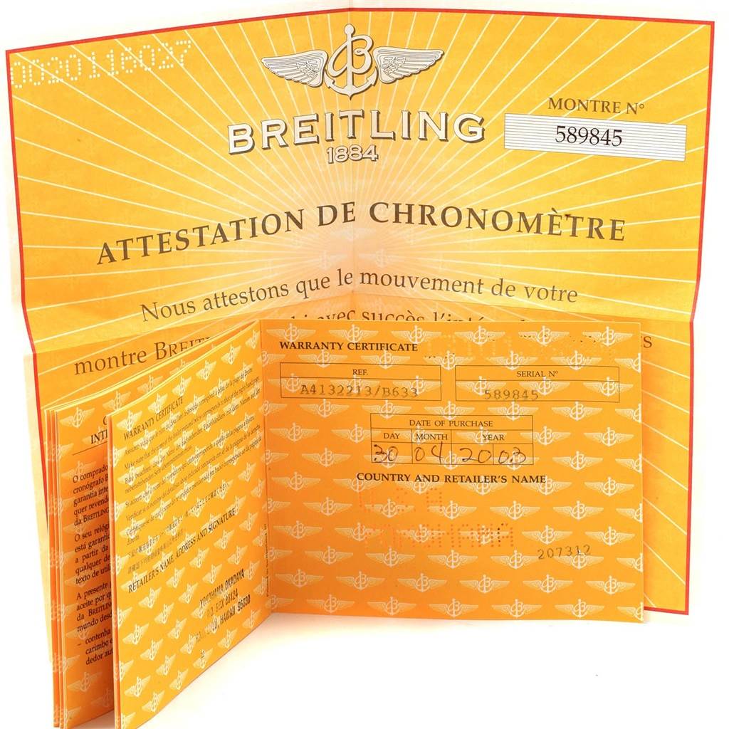 The image shows the warranty certificate and chronometer attestation for a Breitling Navitimer A41322 Men
s Stainless Steel Black Dial A41322 Men
s Stainless Steel Black Dial watch.