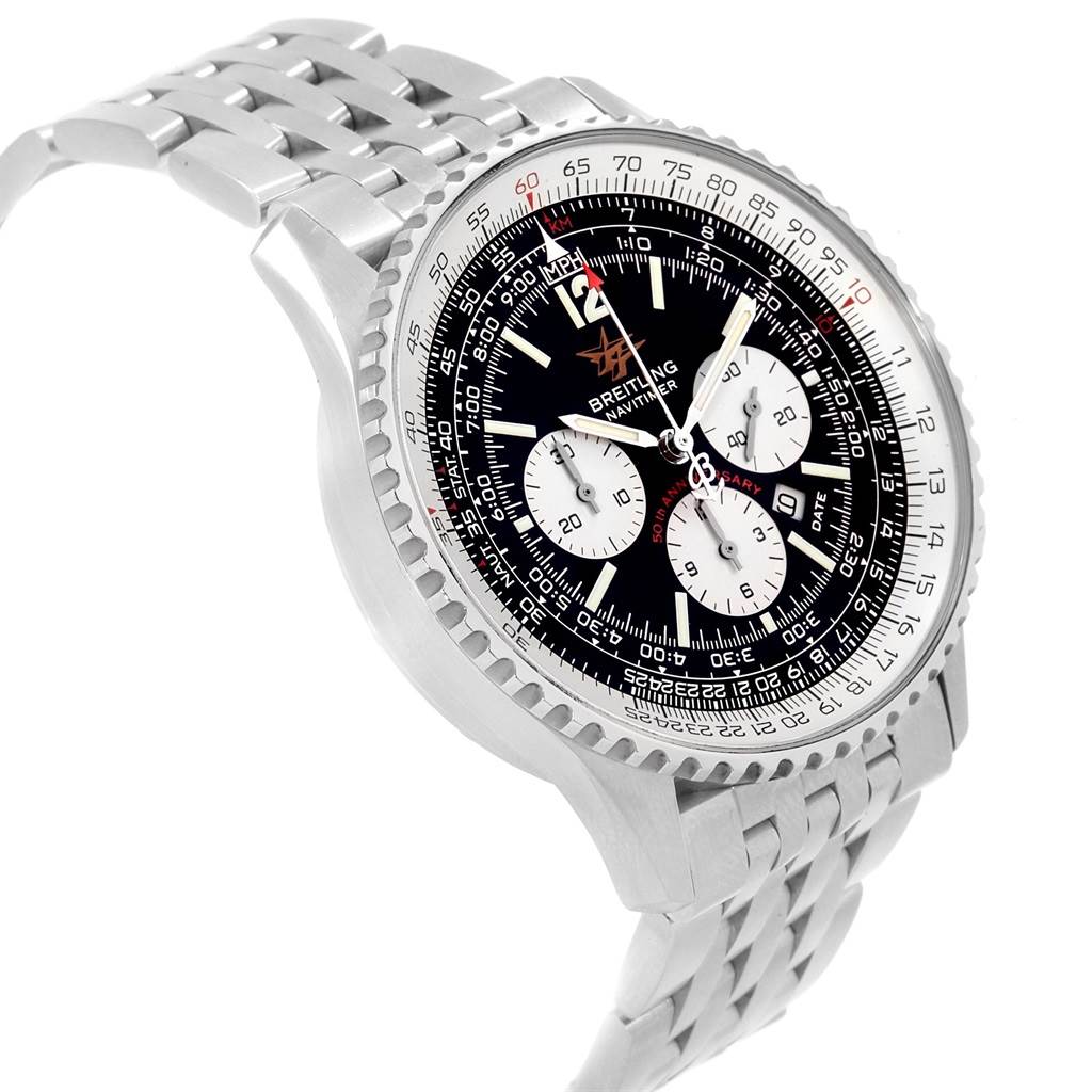 The Breitling Navitimer A41322 Men
s Stainless Steel Black Dial A41322 Men
s Stainless Steel Black Dial watch is shown at a slight angle, highlighting the dial, bezel, and metal bracelet.