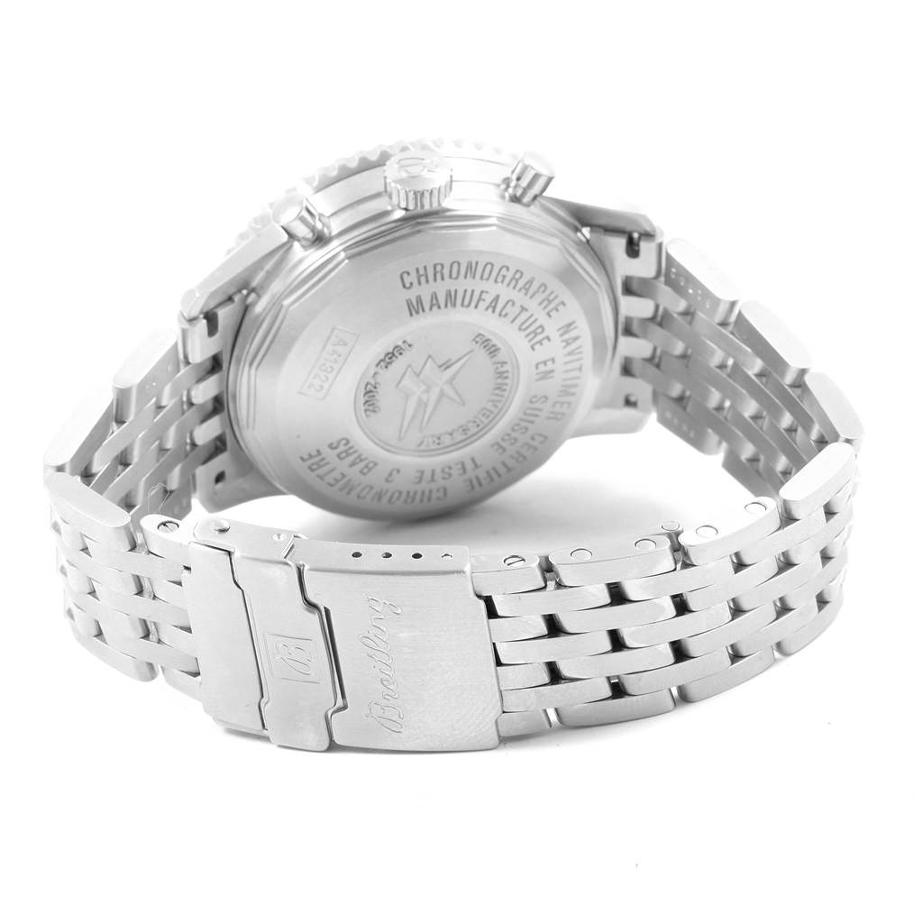 This image shows the back view of a Breitling Navitimer A41322 Men
s Stainless Steel Black Dial A41322 Men
s Stainless Steel Black Dial watch, focusing on the clasp and engraved case back.