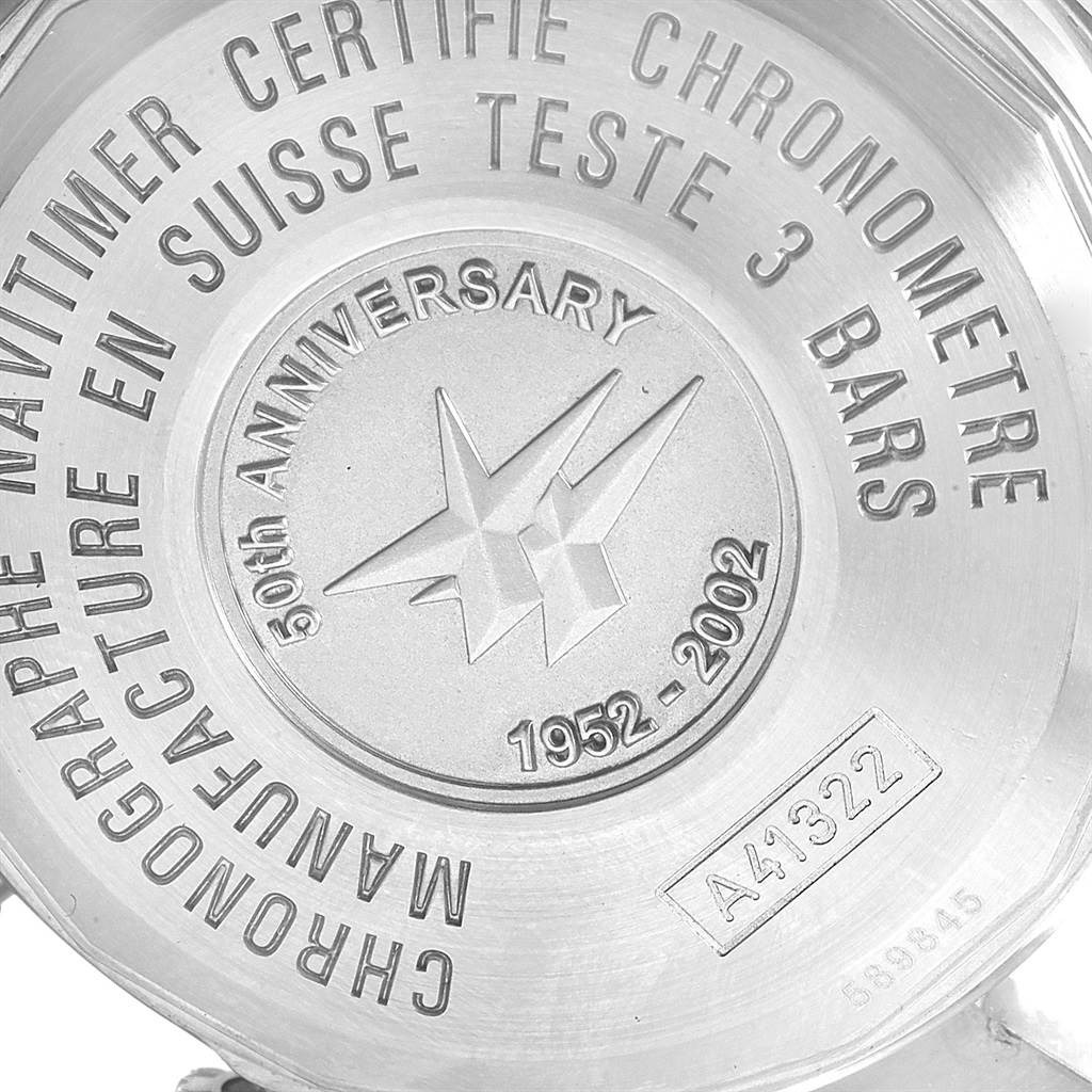 The image shows the backside of a Breitling Navitimer A41322 Men
s Stainless Steel Black Dial A41322 Men
s Stainless Steel Black Dial watch, highlighting its engravings and model details.