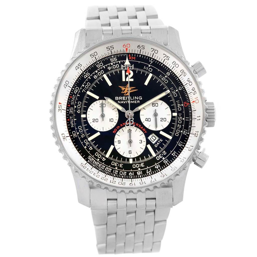 This image shows a front view of a Breitling Navitimer A41322 Men
s Stainless Steel Black Dial A41322 Men
s Stainless Steel Black Dial watch, displaying its face, bezel, and stainless steel bracelet.