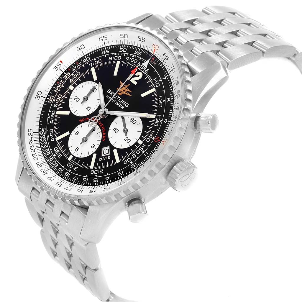 The image shows a Breitling Navitimer A41322 Men
s Stainless Steel Black Dial A41322 Men
s Stainless Steel Black Dial watch at an angle, highlighting the face, bezel, crown, and stainless steel bracelet.