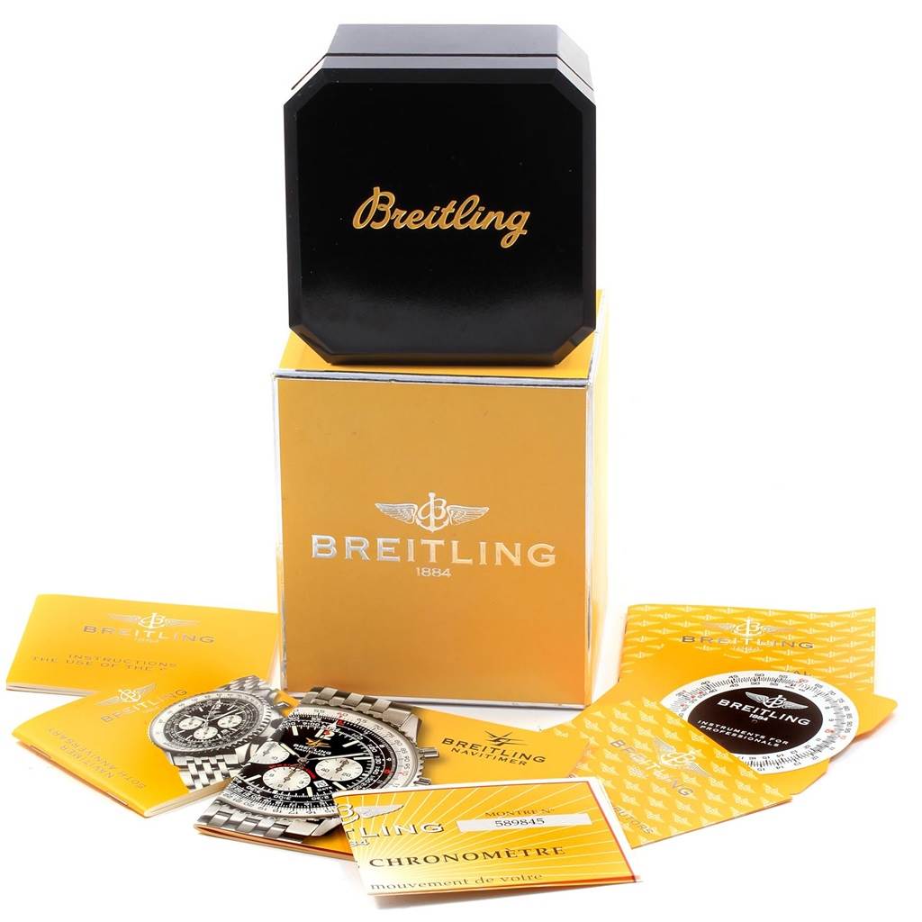 This image shows a Breitling Navitimer A41322 Men
s Stainless Steel Black Dial A41322 Men
s Stainless Steel Black Dial watch with its box, manuals, and accessories, viewed from the front.