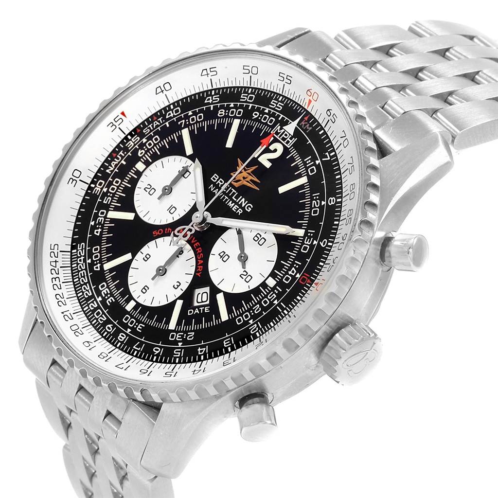 This image shows a side and front angle of the Breitling Navitimer A41322 Men
s Stainless Steel Black Dial A41322 Men
s Stainless Steel Black Dial watch, highlighting the face, bezel, crown, and chronograph pushers.