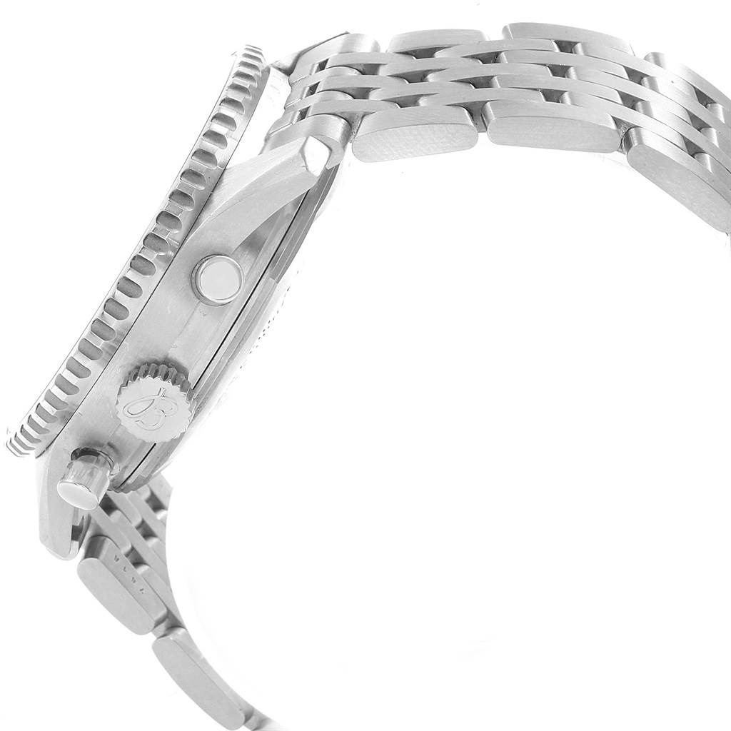 This image shows a side view of the crown, pushers, bezel, and bracelet of a Breitling Navitimer A41322 Men
s Stainless Steel Black Dial A41322 Men
s Stainless Steel Black Dial watch.