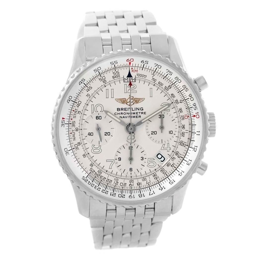 The image shows a front view of a Breitling Navitimer A23322 Men's Stainless Steel Silver Dial A23322 Men's Stainless Steel Silver Dial watch, including its face, bezel, and metal bracelet.
