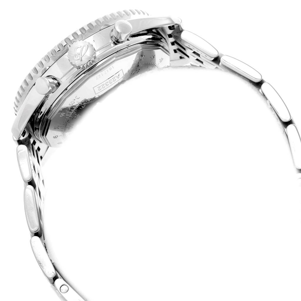 The image shows a side view of the Breitling Navitimer A23322 Men's Stainless Steel Silver Dial A23322 Men's Stainless Steel Silver Dial, highlighting its crown, pushers, and part of the bracelet.