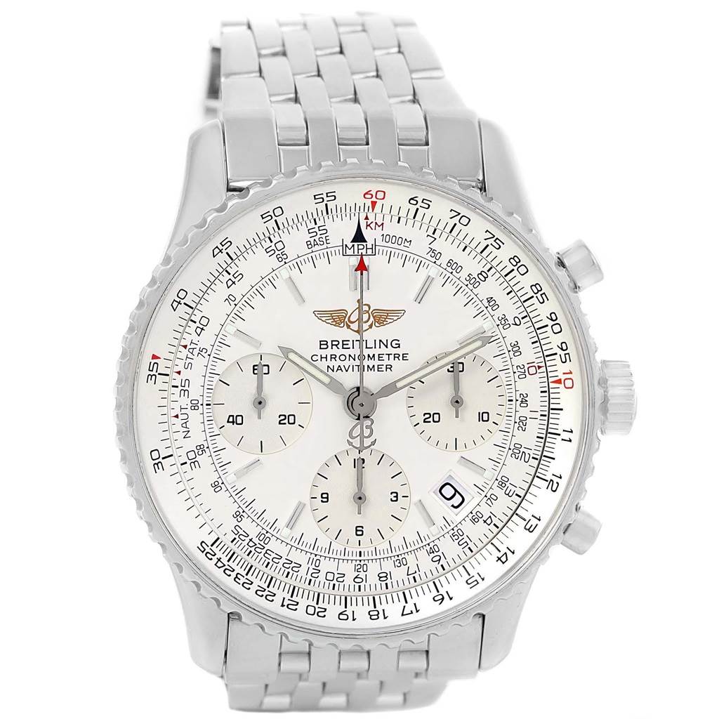 The image shows a front view of the Breitling Navitimer A23322 Men's Stainless Steel Silver Dial A23322 Men's Stainless Steel Silver Dial watch, featuring its face, bezel, and metal bracelet.