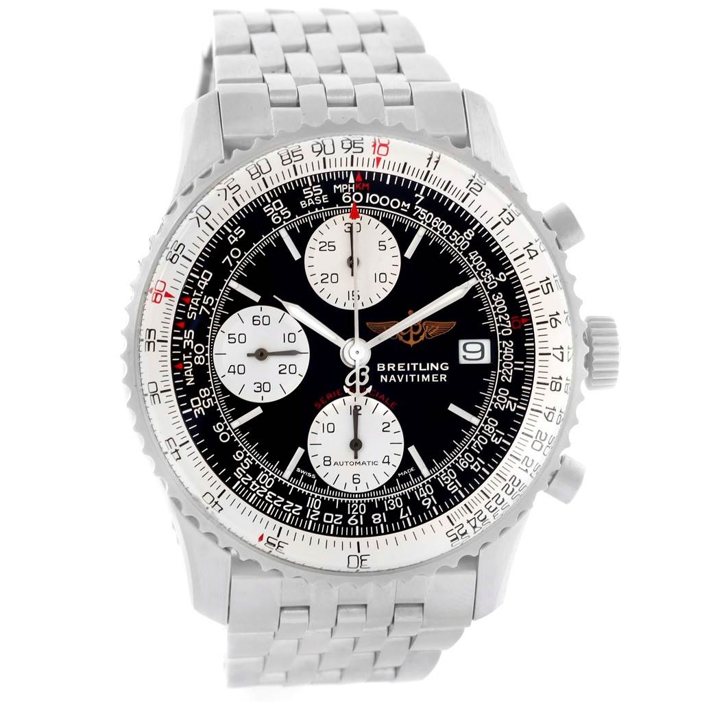 The image shows the front view of a Breitling Navitimer A13330 Men's Stainless Steel Black Dial A13330 Men's Stainless Steel Black Dial watch, highlighting the dial, bezel, and stainless steel bracelet.