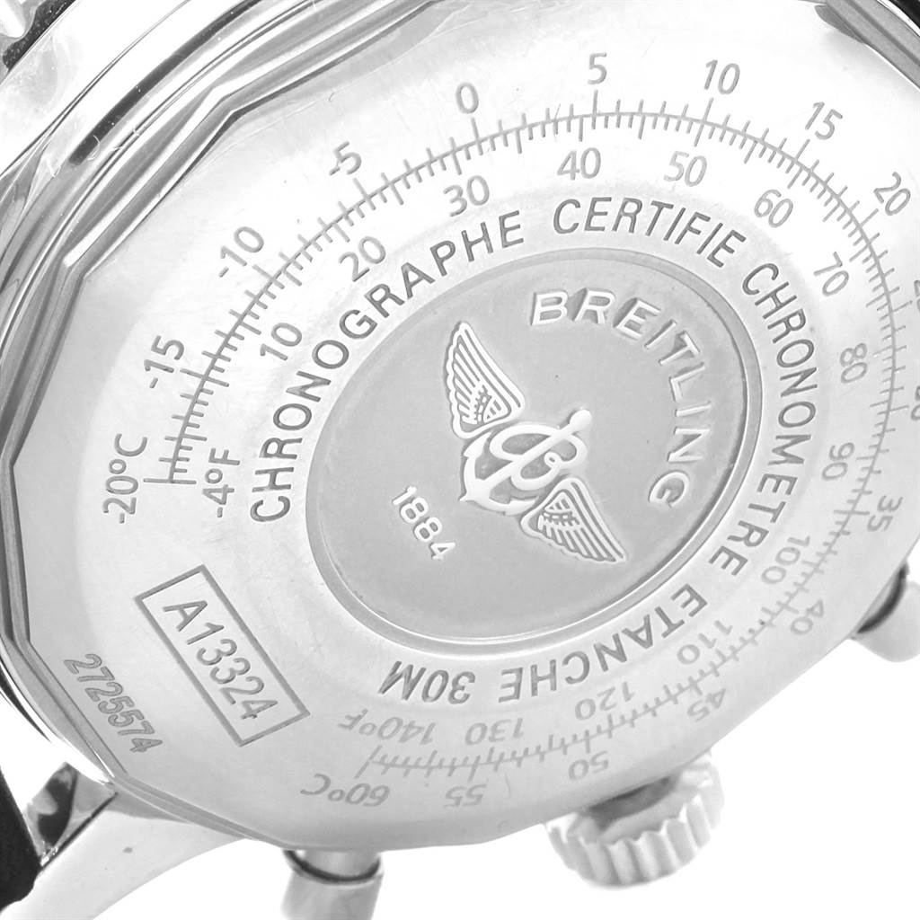 This image shows the back case of a Breitling Navitimer A13324 Men's Stainless Steel Silver Dial A13324 Men's Stainless Steel Silver Dial watch, including the engraved branding and model details.