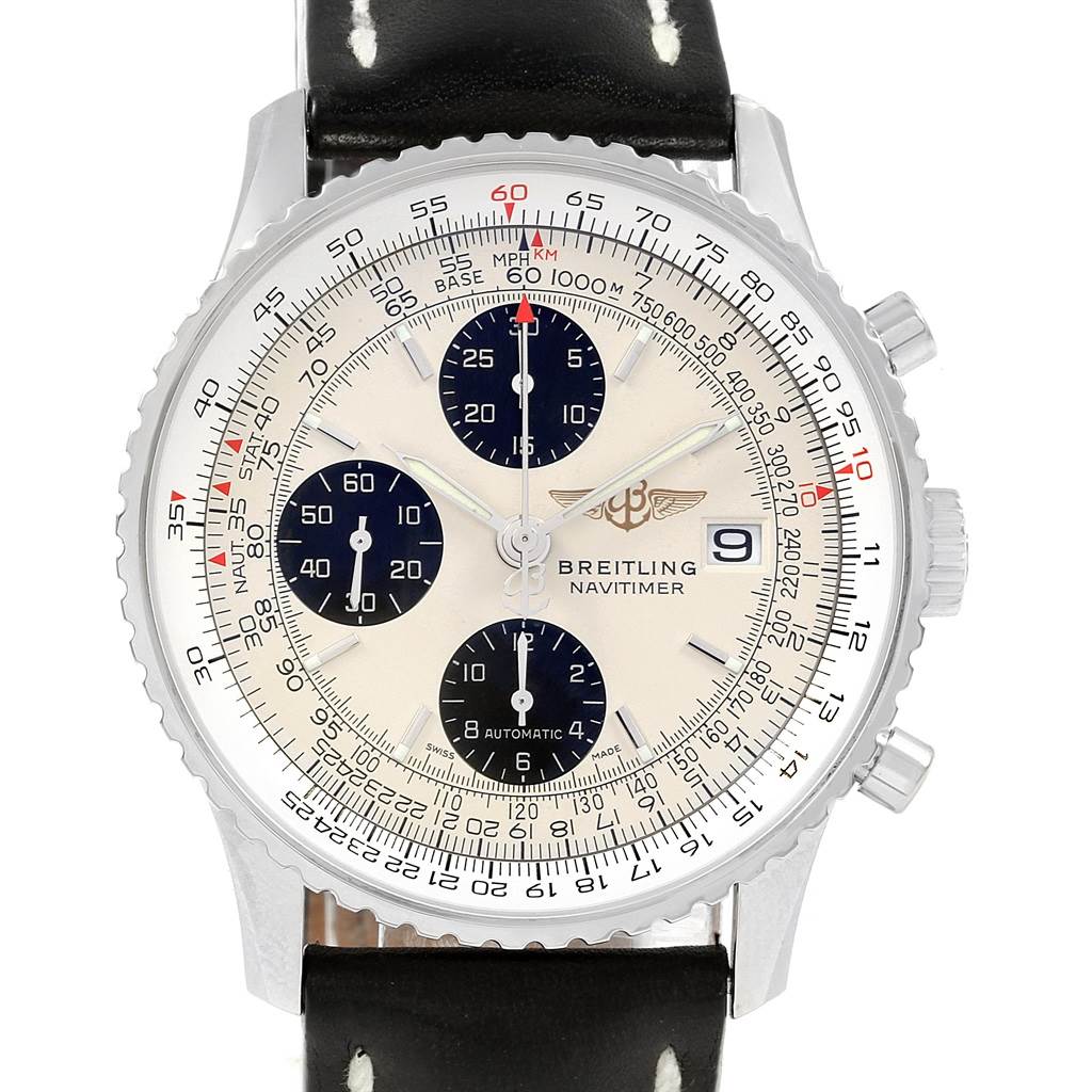 The image shows a front-facing view of the Breitling Navitimer A13324 Men's Stainless Steel Silver Dial A13324 Men's Stainless Steel Silver Dial watch displaying its dial, three subdials, bezel, and black leather strap.