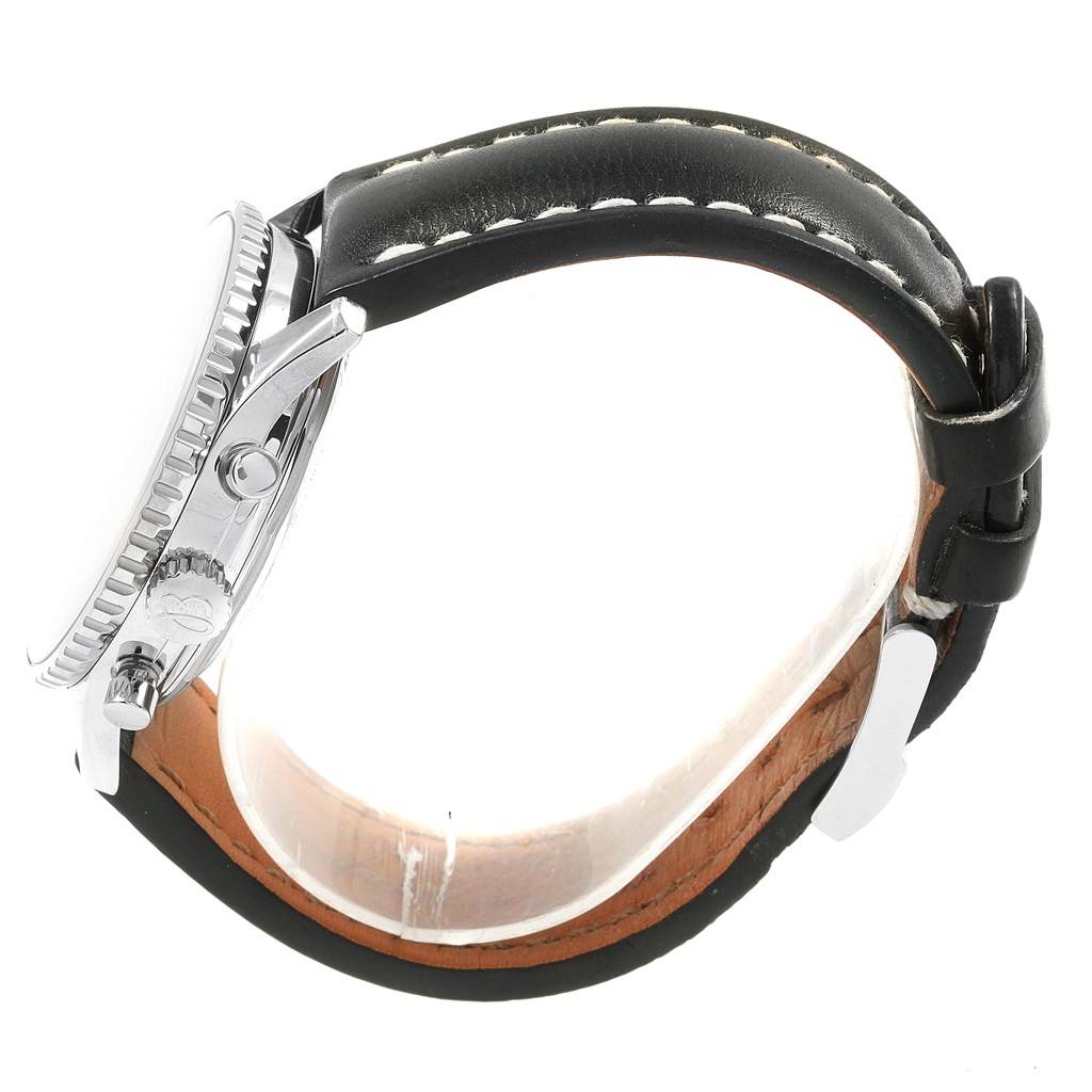 The image shows a side view of the Breitling Navitimer A13324 Men's Stainless Steel Silver Dial A13324 Men's Stainless Steel Silver Dial watch, focusing on the crown, case, and leather strap.