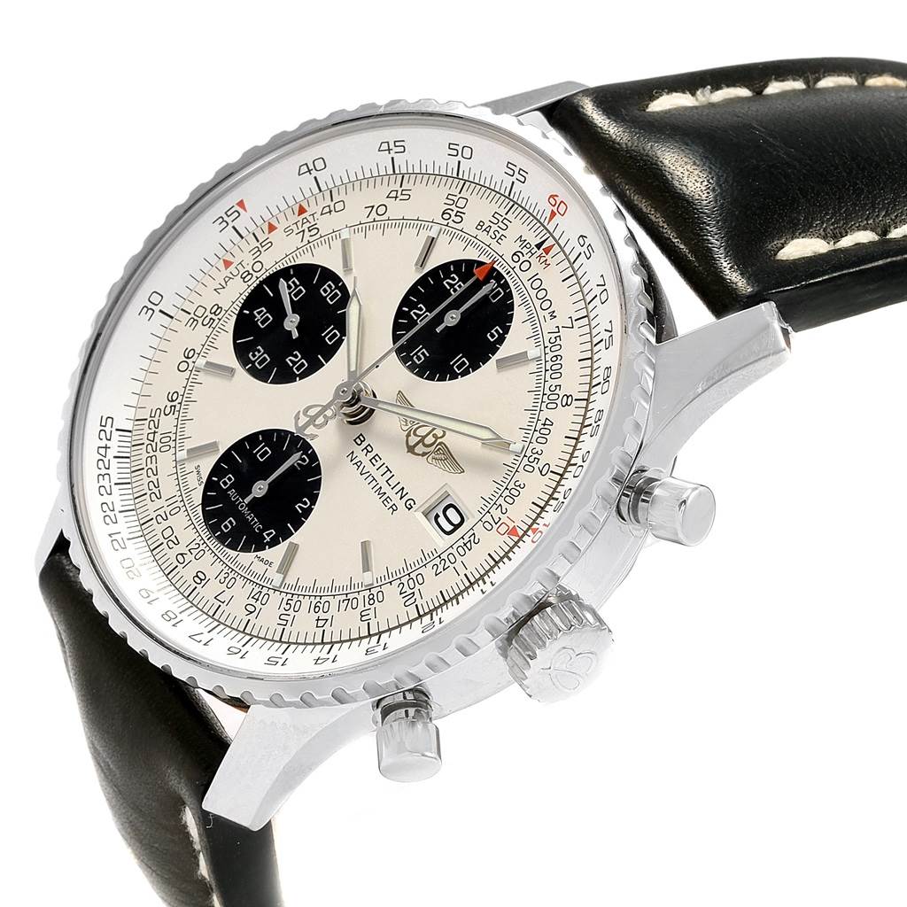 The Breitling Navitimer A13324 Men's Stainless Steel Silver Dial A13324 Men's Stainless Steel Silver Dial watch is shown at an angled top-down view, displaying its dial, bezel, crown, and leather strap.