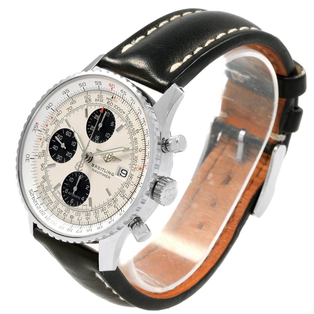 This image shows a Breitling Navitimer A13324 Men's Stainless Steel Silver Dial A13324 Men's Stainless Steel Silver Dial watch at an angled view, highlighting the dial, chronograph sub-dials, and leather strap.