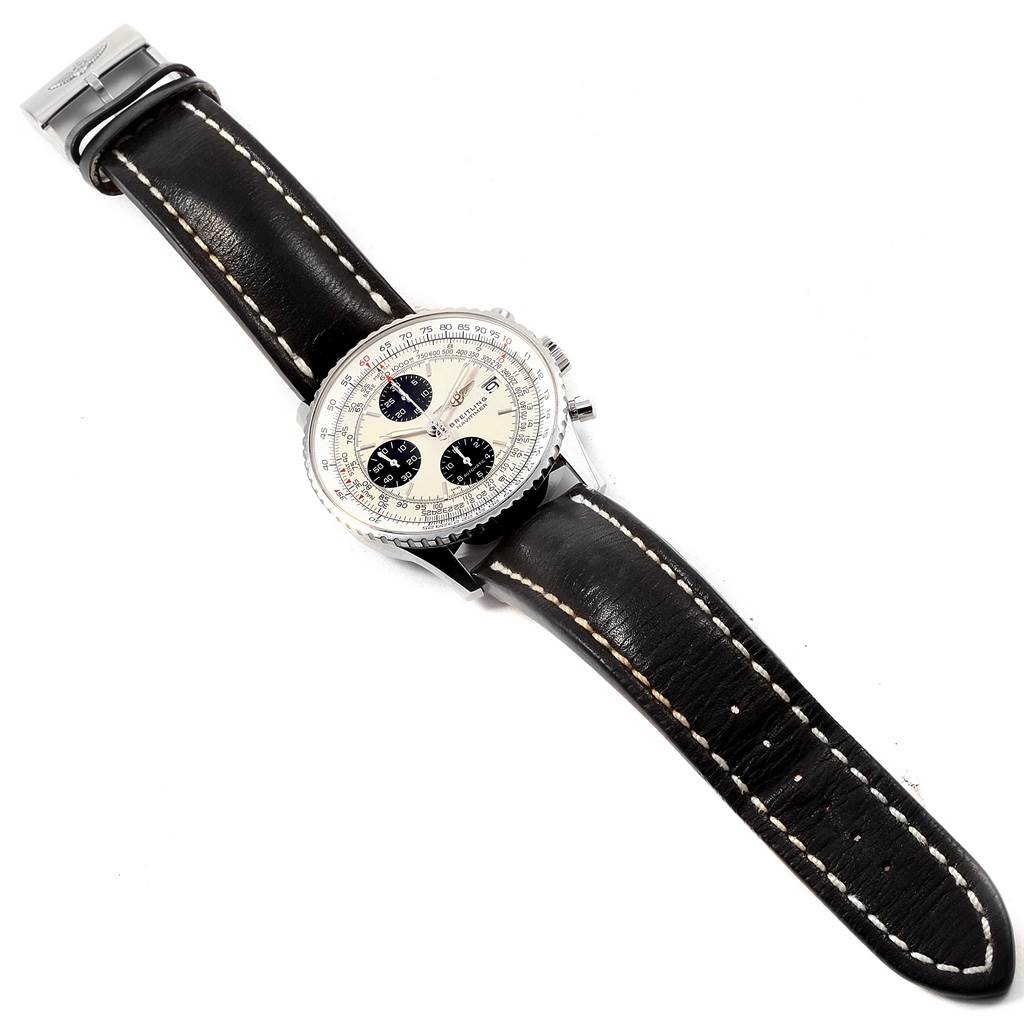 The image shows the front of a Breitling Navitimer A13324 Men's Stainless Steel Silver Dial A13324 Men's Stainless Steel Silver Dial watch, highlighting its dial, chronograph subdials, and leather strap.