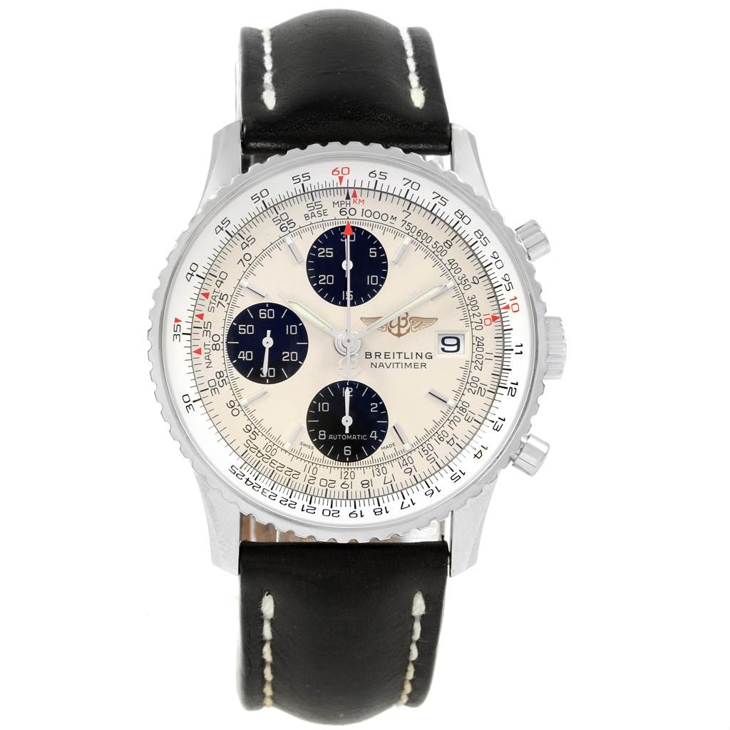This image shows a frontal view of the Breitling Navitimer A13324 Men's Stainless Steel Silver Dial A13324 Men's Stainless Steel Silver Dial watch, displaying its black leather strap and detailed chronograph dial.