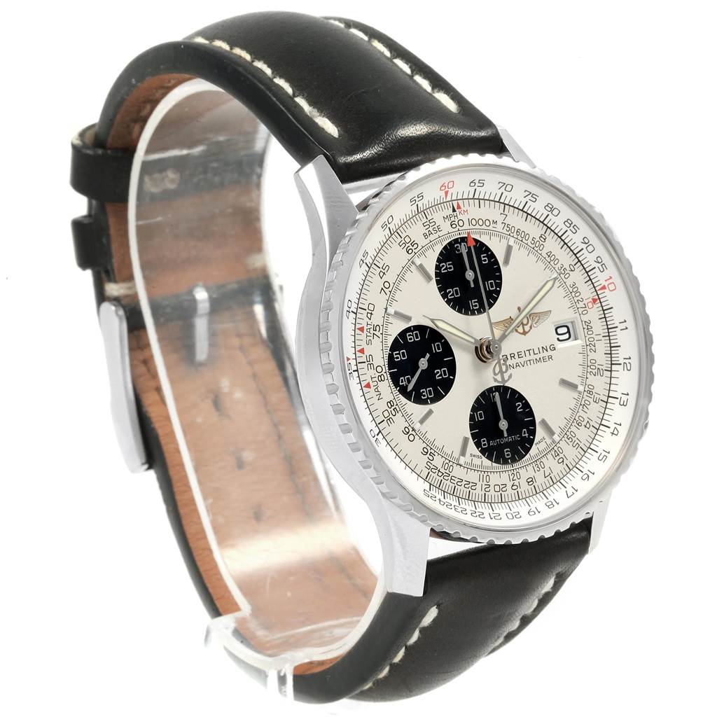The Breitling Navitimer A13324 Men's Stainless Steel Silver Dial A13324 Men's Stainless Steel Silver Dial watch is shown at an angled side view, highlighting the face, bezel, and leather strap.