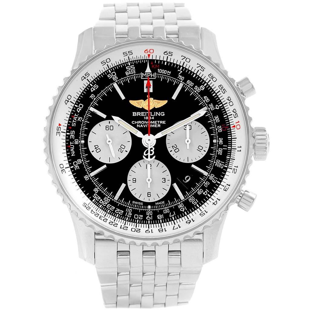 The image shows a front view of a Breitling Navitimer AB0120 Men's Stainless Steel Black Dial AB0120 Men's Stainless Steel Black Dial watch, displaying the dial, bezel, and bracelet.