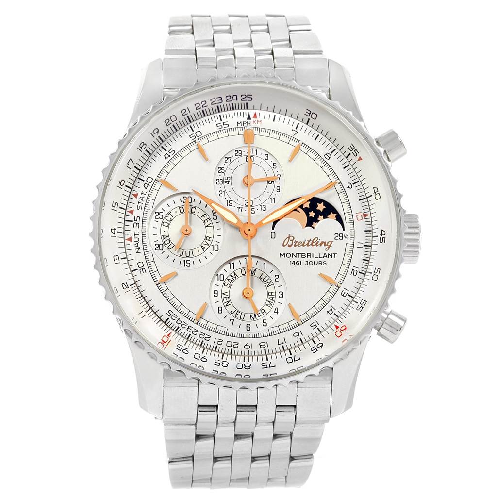 The image shows a frontal view of the Breitling Navitimer A19030 Men's Stainless Steel Silver Dial A19030 Men's Stainless Steel Silver Dial watch, highlighting the dial, sub-dials, and metal bracelet.