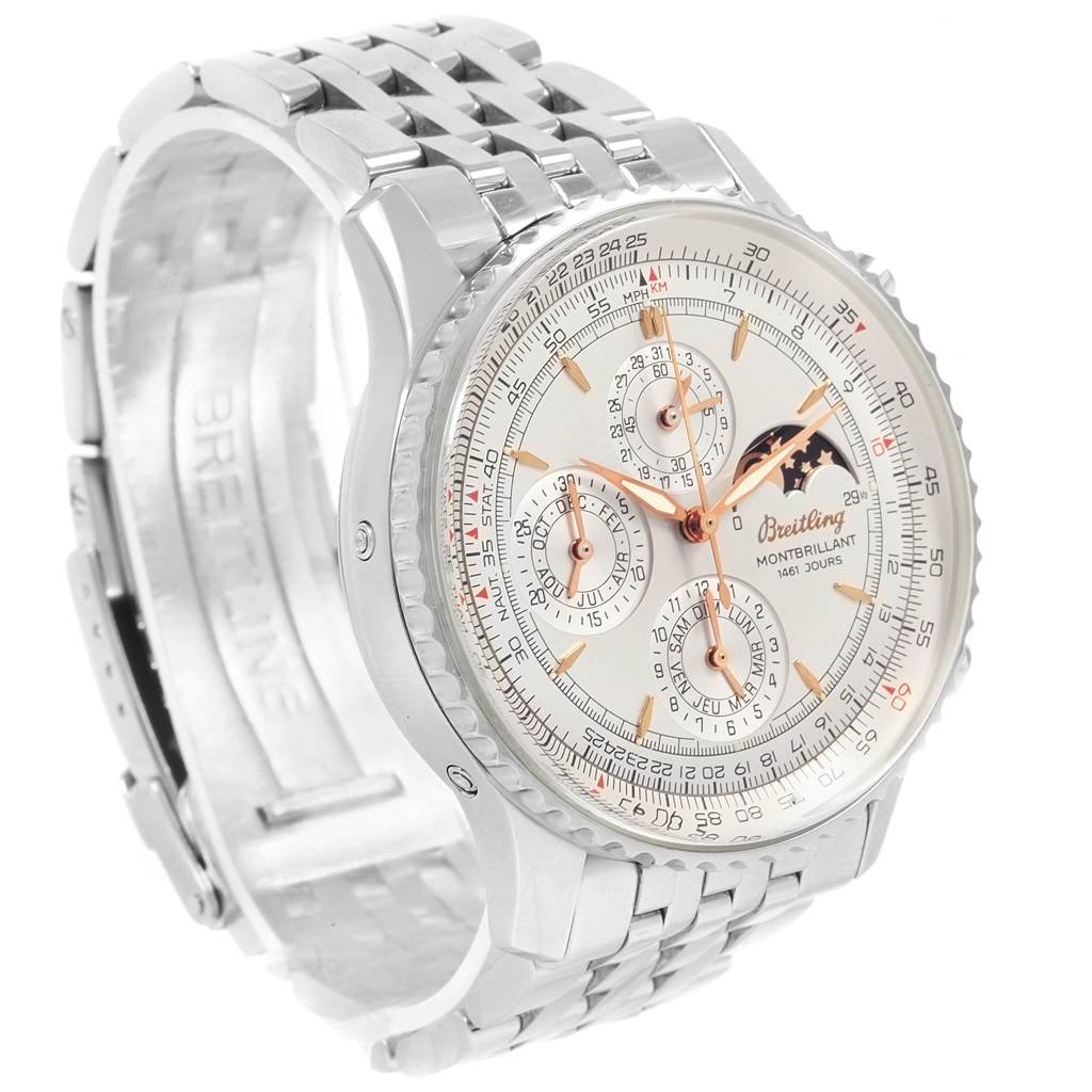 This Breitling Navitimer A19030 Men's Stainless Steel Silver Dial A19030 Men's Stainless Steel Silver Dial watch is shown at a three-quarter angle, displaying its face, bezel, buttons, and metal band.