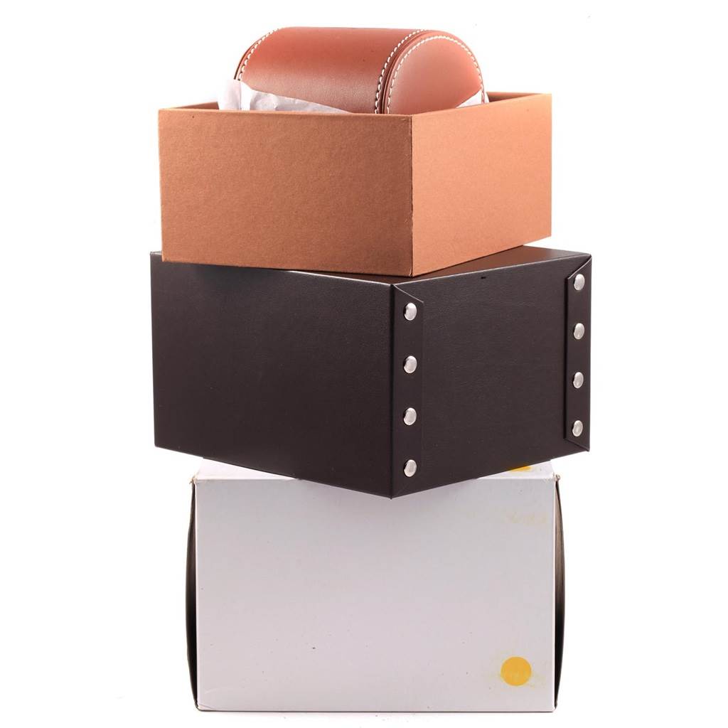 The image shows packaging boxes and a leather case for a Breitling Navitimer A19030 Men's Stainless Steel Silver Dial A19030 Men's Stainless Steel Silver Dial watch, viewed from the side.