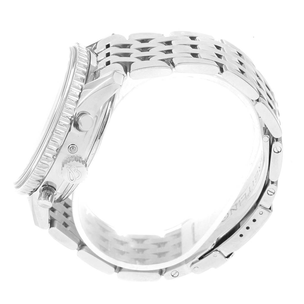 The image shows a side view of the Breitling Navitimer A19030 Men's Stainless Steel Silver Dial A19030 Men's Stainless Steel Silver Dial watch, featuring its bezel, crown, pushers, and metal bracelet.