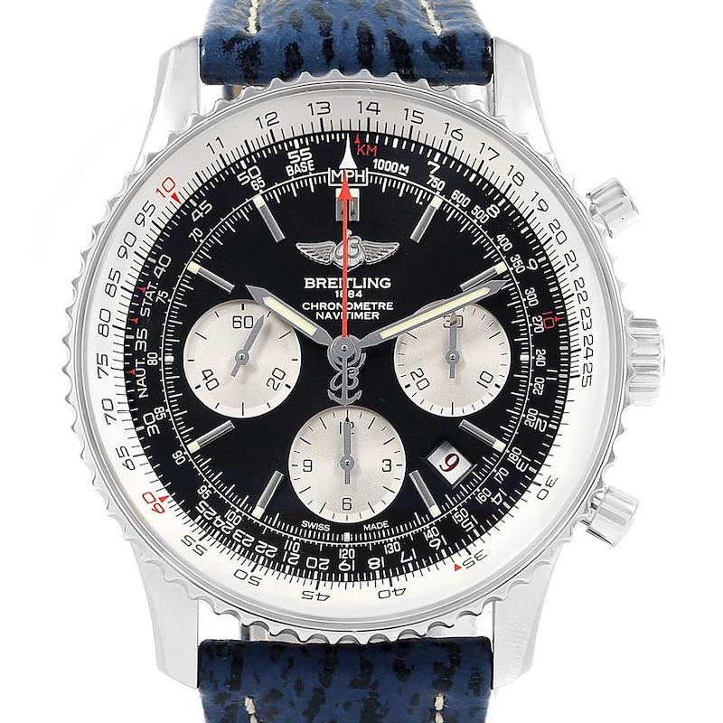 Breitling Navitimer 01 Black Dial Blue Strap Limited Edition Watch AB0121 SwissWatchExpo