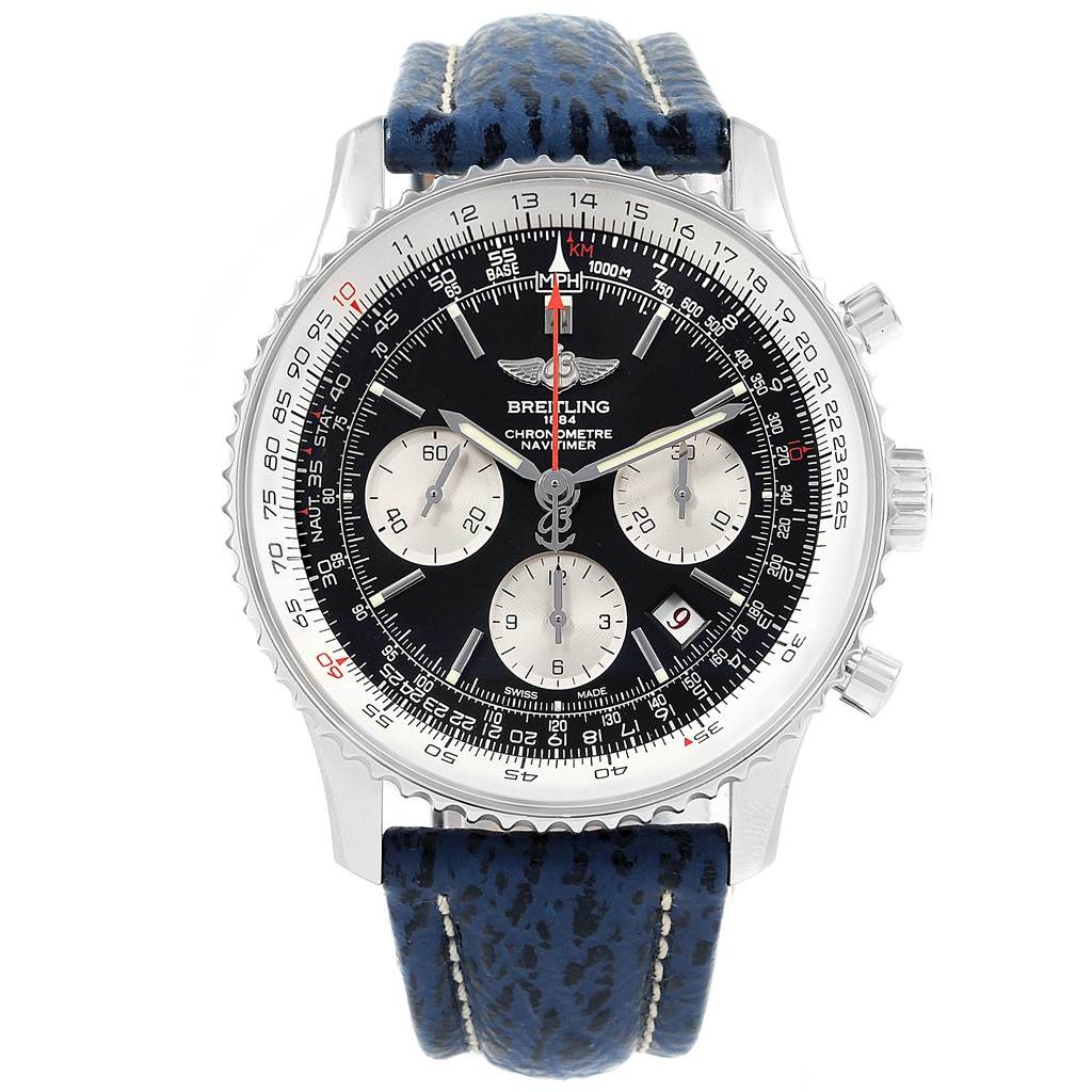 The image shows a front view of a Breitling Navitimer AB0121 Men's Stainless Steel Black Dial AB0121 Men's Stainless Steel Black Dial watch with a blue leather strap and detailed dials.