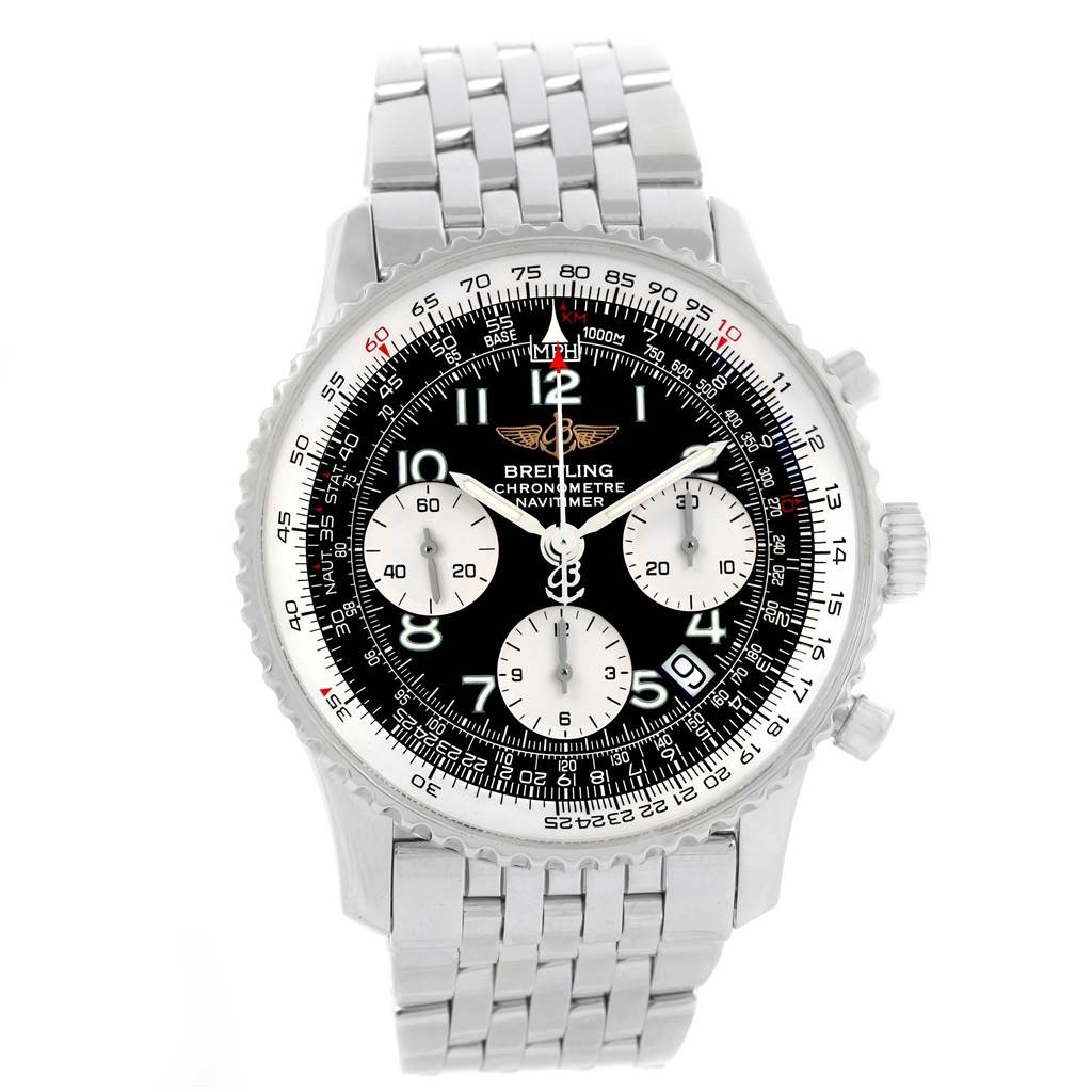 The image shows a front view of a Breitling Navitimer A23322 Men's Stainless Steel Black Dial A23322 Men's Stainless Steel Black Dial Chronometre watch, displaying its face, bezel, and metal bracelet.