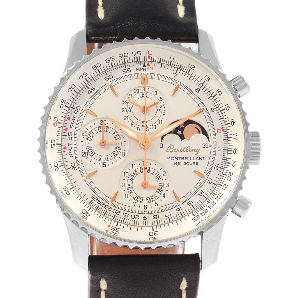 This image shows a front view of the Breitling Navitimer A19030 Men's Stainless Steel Silver Dial A19030 Men's Stainless Steel Silver Dial watch, displaying its dial, bezel, and leather strap.