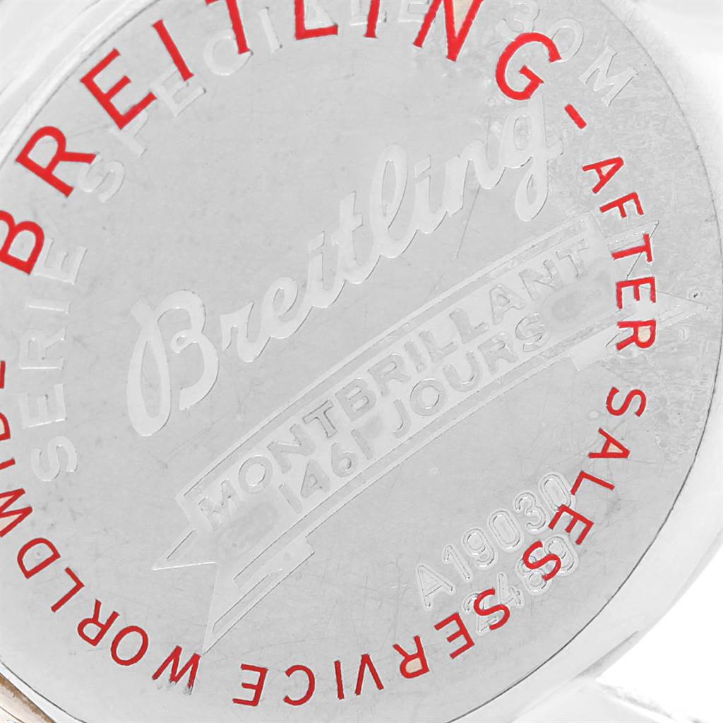 This image shows the engraved back case of a Breitling Navitimer A19030 Men's Stainless Steel Silver Dial A19030 Men's Stainless Steel Silver Dial watch, highlighting the brand and model information.