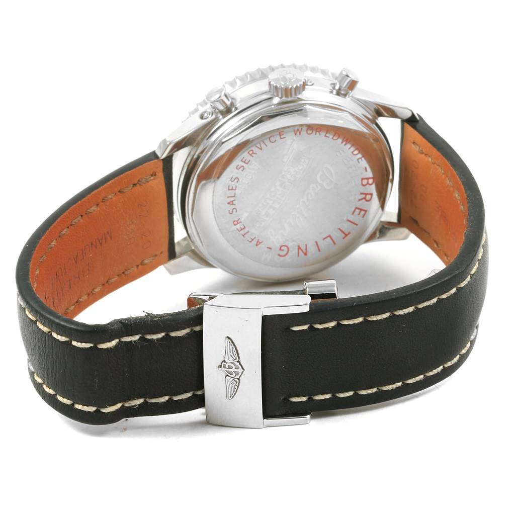 The image shows the back case and clasp of a Breitling Navitimer A19030 Men's Stainless Steel Silver Dial A19030 Men's Stainless Steel Silver Dial watch from a rear angle.