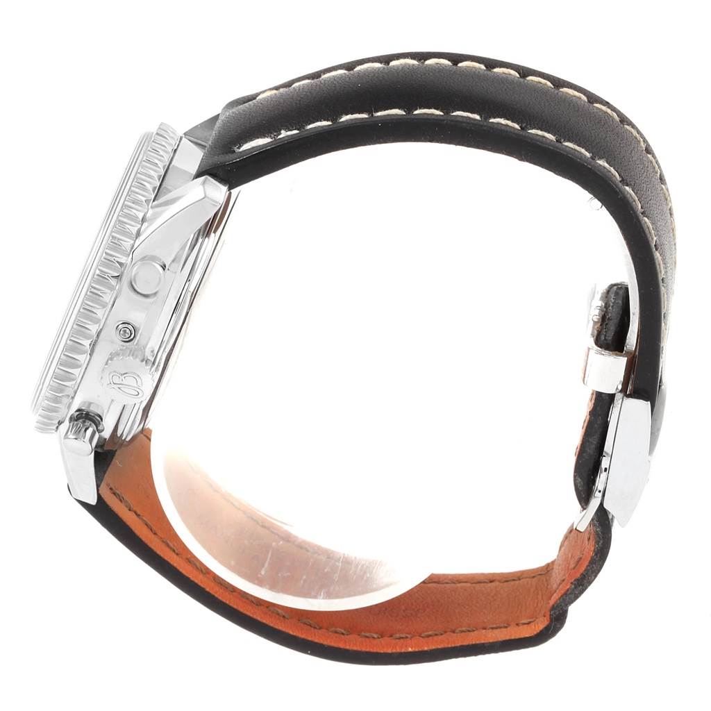 This image shows a side view of a Breitling Navitimer A19030 Men's Stainless Steel Silver Dial A19030 Men's Stainless Steel Silver Dial watch, focusing on its case, bezel, and leather strap.