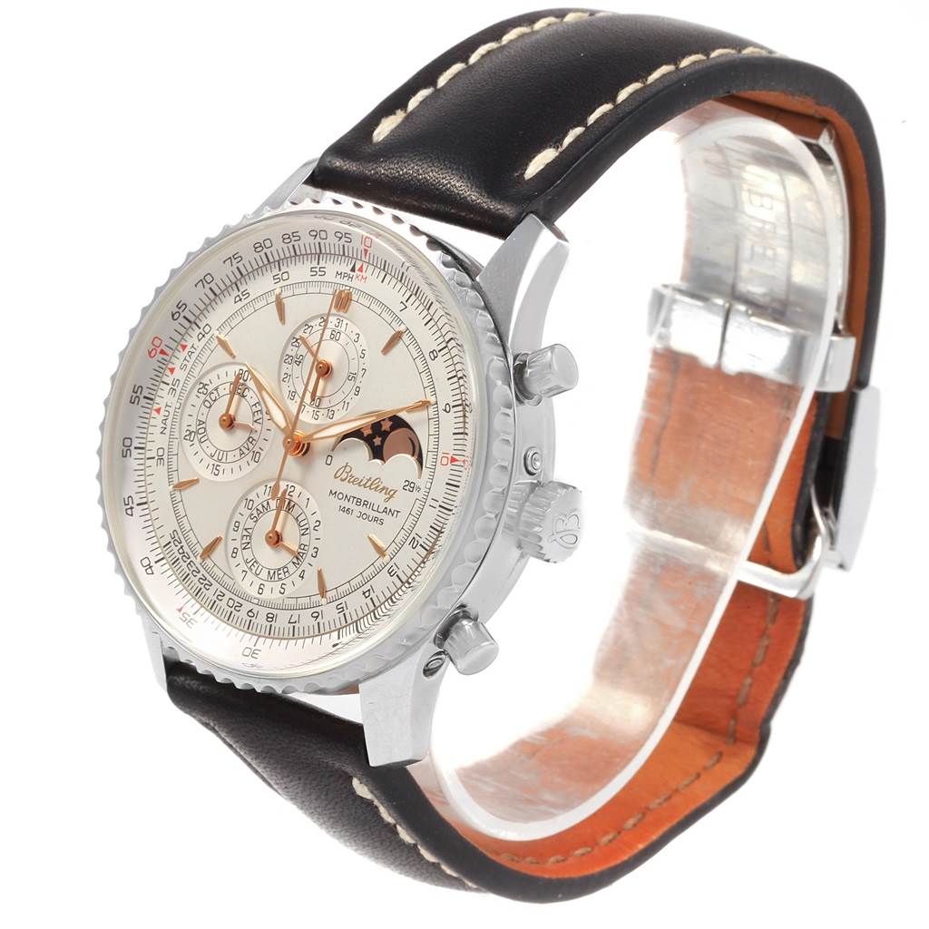 This image shows a side and diagonal view of the Breitling Navitimer A19030 Men's Stainless Steel Silver Dial A19030 Men's Stainless Steel Silver Dial watch, highlighting the dial, case, crown, and leather strap.