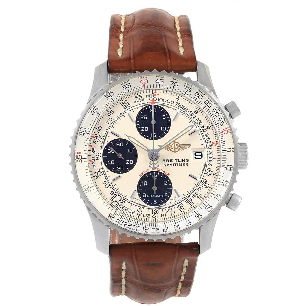 The image shows a front view of a Breitling Navitimer A13330 Men
s Stainless Steel Silver Dial A13330 Men
s Stainless Steel Silver Dial watch with a brown leather strap and a detailed dial with multiple subdials.
