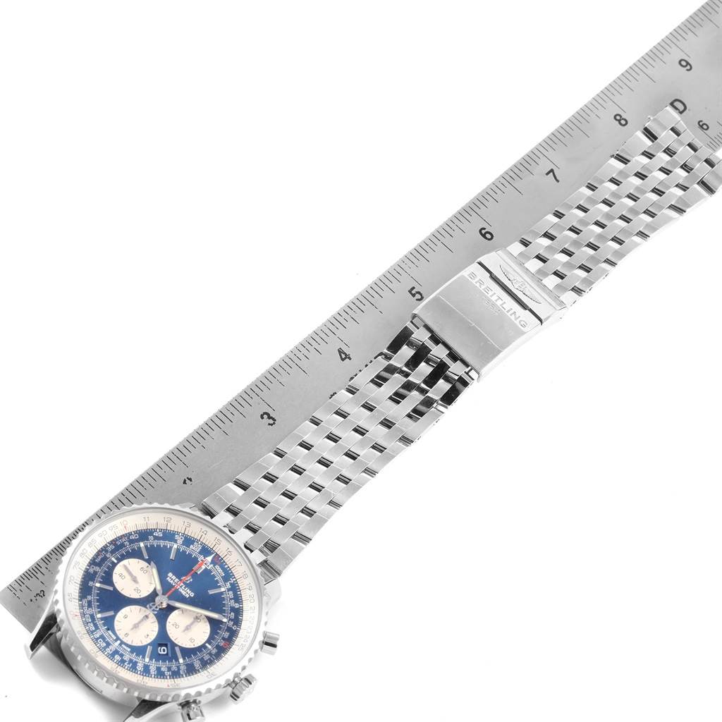 Breitling Navitimer AB0127211C1A1 Men's Stainless Steel Blue Dial AB0127211C1A1 Men's Stainless Steel Blue Dial watch shown from an overhead angle, displaying the watch face, stainless steel band, and clasp.