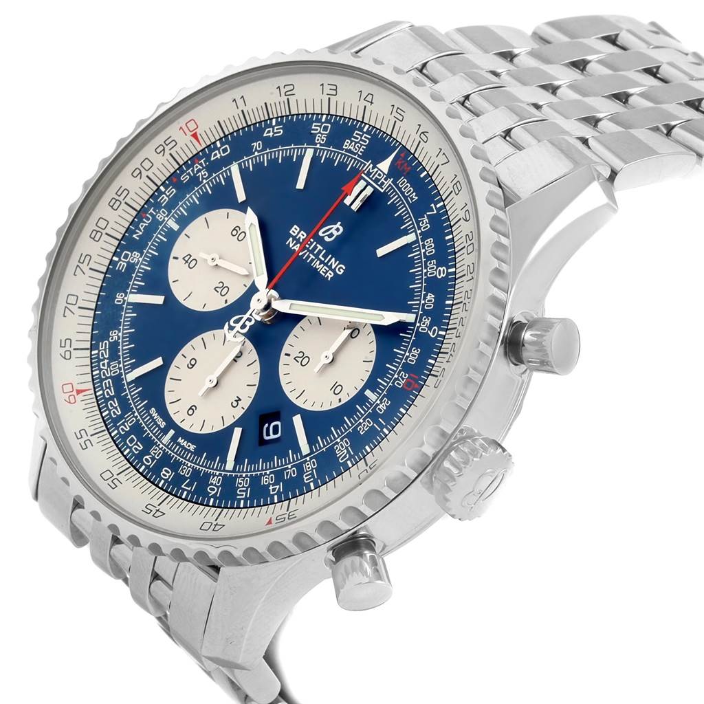 The Breitling Navitimer AB0127211C1A1 Men's Stainless Steel Blue Dial AB0127211C1A1 Men's Stainless Steel Blue Dial watch is shown at a 3/4 angle, highlighting the face, bezel, and bracelet.