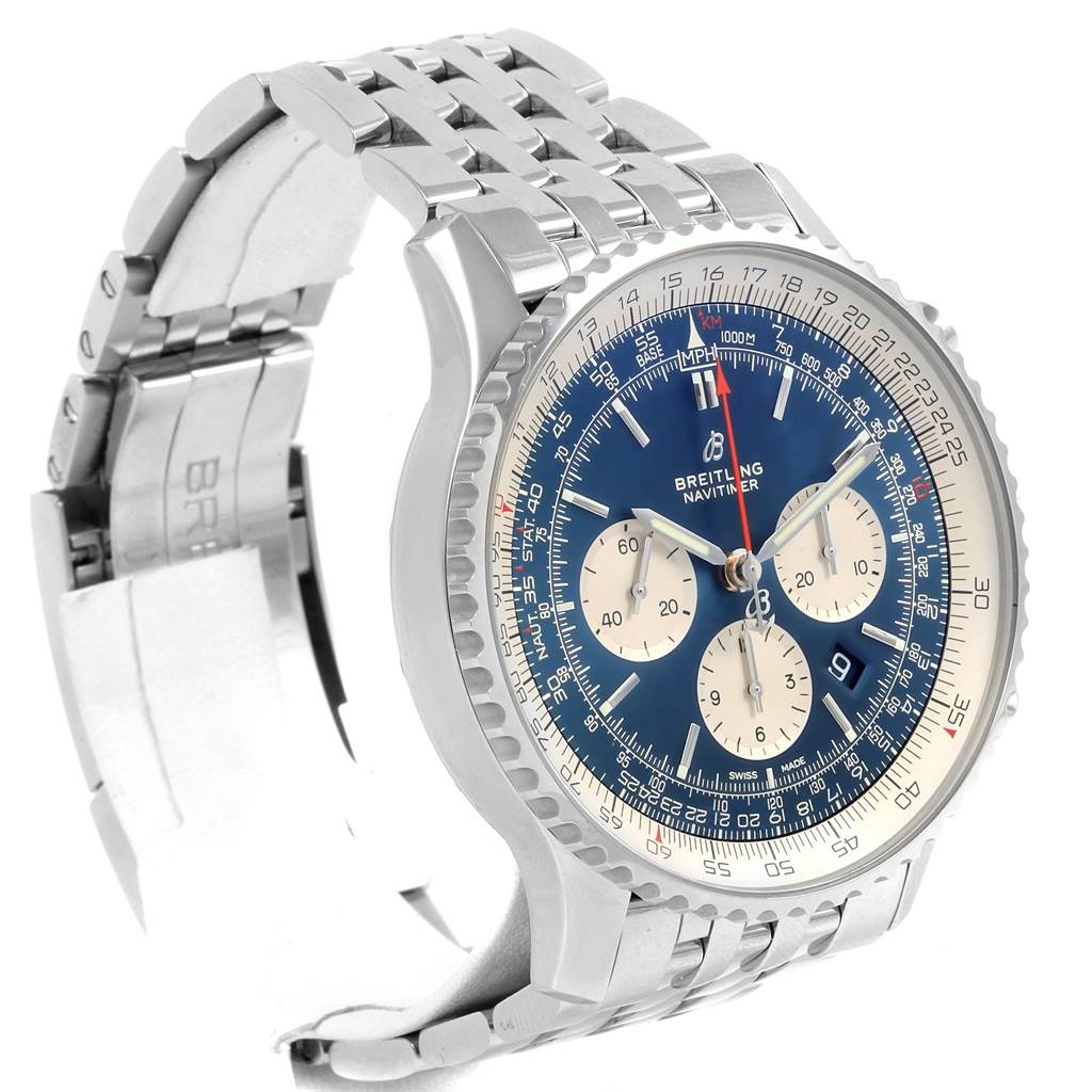 The image shows a Breitling Navitimer AB0127211C1A1 Men's Stainless Steel Blue Dial AB0127211C1A1 Men's Stainless Steel Blue Dial watch at an angle highlighting its blue dial, chronograph sub-dials, and metal bracelet.