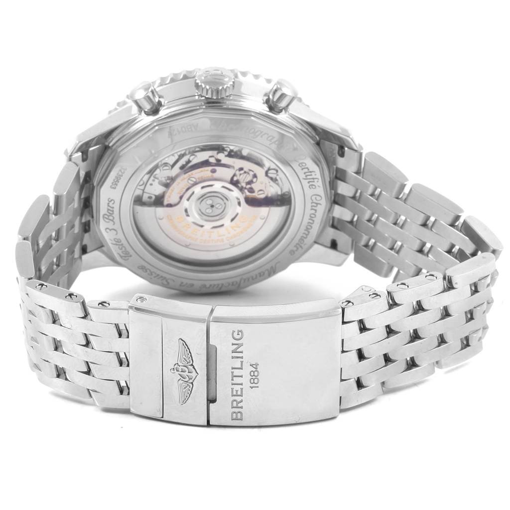 The image shows the back view of a Breitling Navitimer AB0127211C1A1 Men's Stainless Steel Blue Dial AB0127211C1A1 Men's Stainless Steel Blue Dial watch, highlighting its movement and metal bracelet clasp.