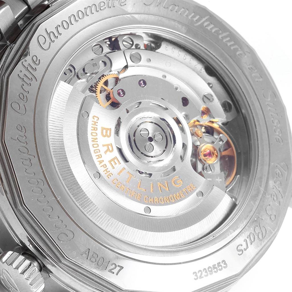 This image shows the back view of a Breitling Navitimer AB0127211C1A1 Men's Stainless Steel Blue Dial AB0127211C1A1 Men's Stainless Steel Blue Dial watch, highlighting its intricate mechanical movement.