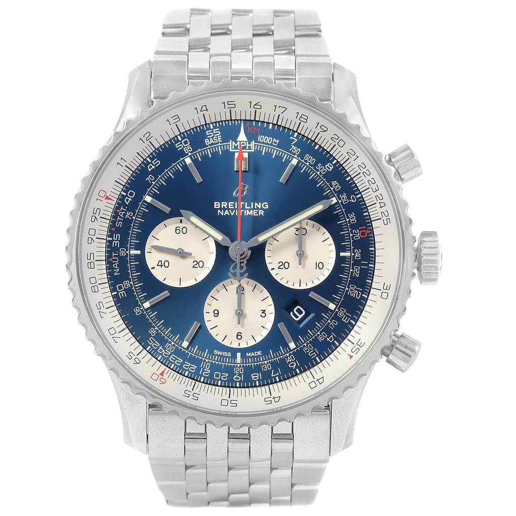 The image shows a frontal view of a Breitling Navitimer AB0127211C1A1 Men's Stainless Steel Blue Dial AB0127211C1A1 Men's Stainless Steel Blue Dial watch, displaying its blue dial, chronograph subdials, and stainless steel bracelet.