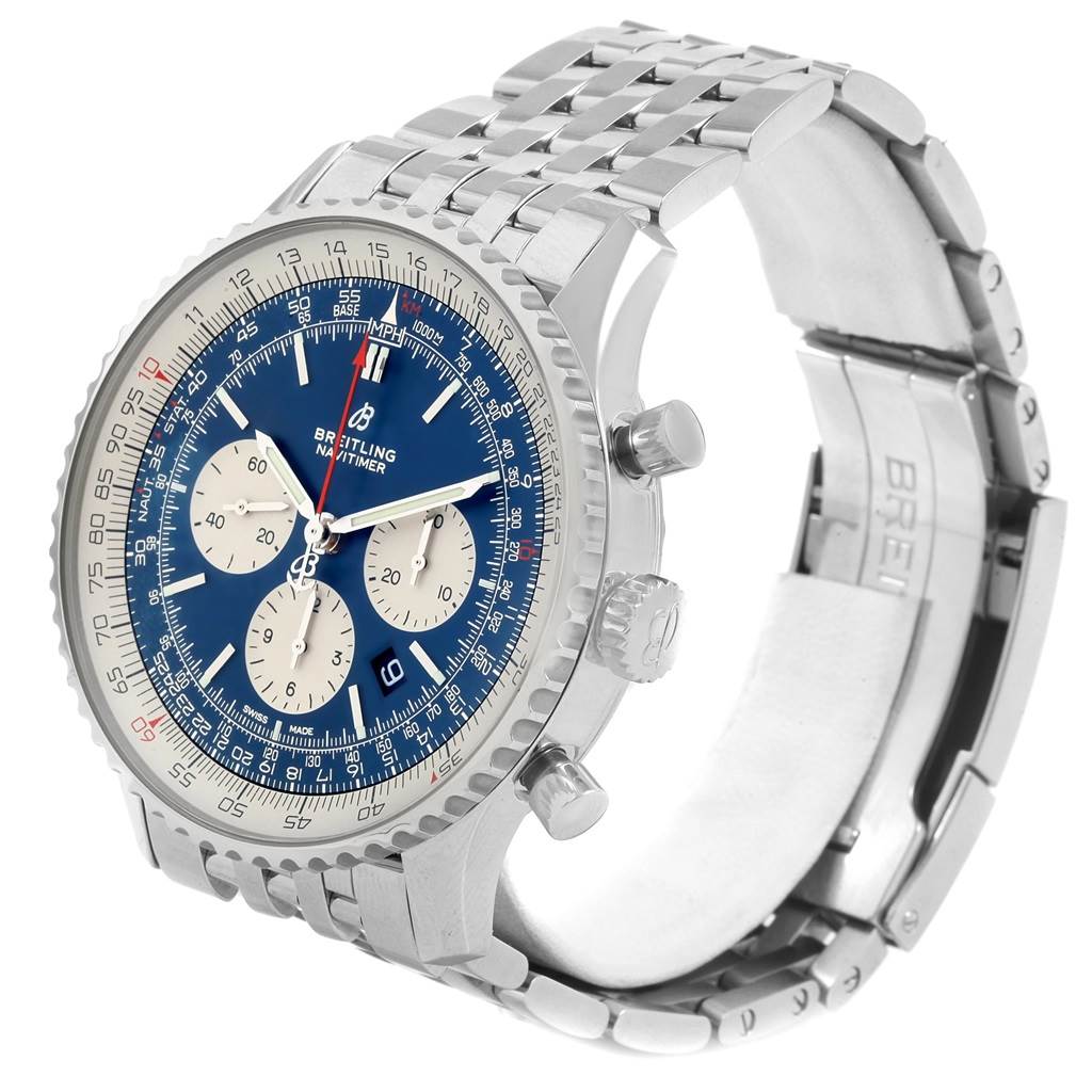 The image shows a Breitling Navitimer AB0127211C1A1 Men's Stainless Steel Blue Dial AB0127211C1A1 Men's Stainless Steel Blue Dial watch at a three-quarter angle, highlighting the dial, bezel, crown, pushers, and bracelet.