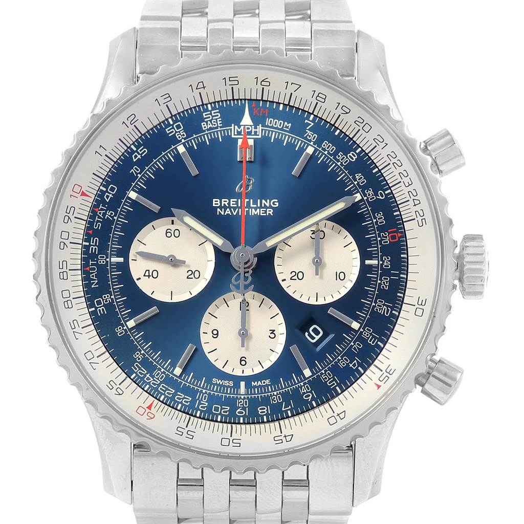 The Breitling Navitimer AB0127211C1A1 Men's Stainless Steel Blue Dial AB0127211C1A1 Men's Stainless Steel Blue Dial watch is shown at a frontal angle, displaying its blue dial, chronograph sub dials, and stainless steel bracelet.